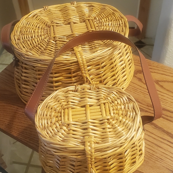 Wooden Wicker Storage Baskets With Leather Strap Handles Set Of 2natural ratta